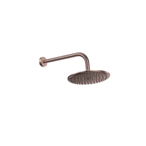 Scudo brushed bronze round shower head & wall arm set with fixed shower head and wall arm, shower head and wall arm set, brushed bronze finish and stainless steel construction.