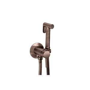 Scudo brushed bronze shattaf spray kit with manual mixer with single handles, brushed bronze finish, brass and stainless steel construction and wall mounted installation.