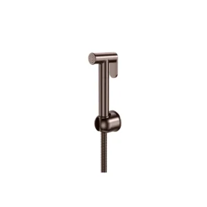 Scudo brushed bronze wall-mounted douche spray kit with gun handle, spray handset, wall holder and hose, brushed bronze finish and brass / stainless steel construction.