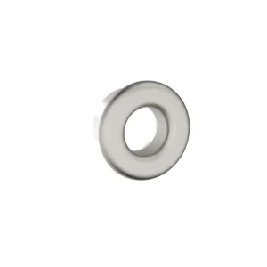 Detail view of Scudo brushed nickel round basin sink overflow insert with brushed nickel finish, stainless steel construction, depth 10mm and insert depth Approximately 7mm.
