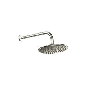 Side view of Scudo brushed nickel round shower head & wall arm set with shower head and wall arm, shower head and wall arm set, brushed nickel finish and stainless steel construction.