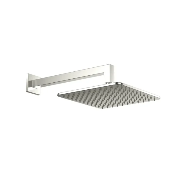 Scudo brushed nickel square shower head & wall arm set with fixed shower head and wall arm set, brushed nickel finish, stainless steel construction and wall mounted installation.