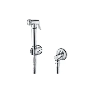 Scudo chrome douche handset, hose, holder & elbow set with handset, hose, wall holder and elbow, single handles, chrome finish and stainless steel construction.