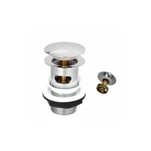 Top view of Scudo chrome round moon top easy-clean click basin waste with polished chrome finish, stainless steel construction, basin thickness adjustment 35–50mm and height 80mm.