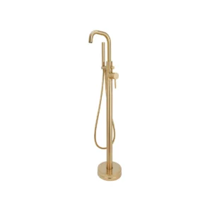 Scudo Core brushed brass freestanding bath shower mixer tap with a brushed brass finish and brass construction.