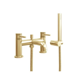 Scudo Core brushed brass round bath shower mixer tap with two lever handles, brushed brass finish, brass construction and pillar mounted installation.