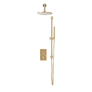 Scudo Core brushed brass round handle, head & handset riser kit with thermostatic shower riser kit, brushed brass finish and brass / stainless steel construction.