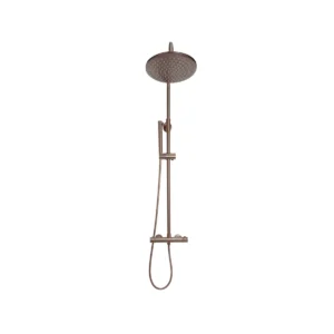 Scudo Core brushed bronze round rigid riser complete shower kit with shower handset and height adjustable holder handset, two knob handles, brushed bronze finish and brass / 304 alloy stainless steel construction.