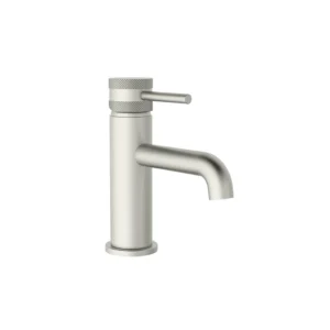 Scudo Core brushed nickel round mono basin mixer tap with lever handle, brushed nickel finish, brass construction and deck mounted installation.