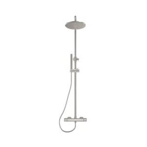 Scudo Core brushed nickel round rigid riser complete shower kit with shower handset and height adjustable holder handset, two knob handles, brushed nickel finish and brass / 304 alloy stainless steel construction.