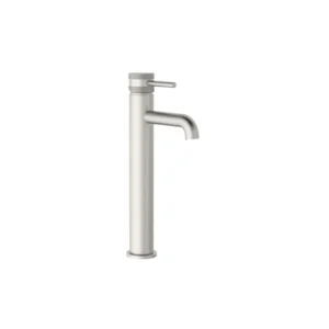 Scudo Core brushed nickel tall round mono basin mixer tap with single lever handles, brushed nickel finish, brass construction and deck mounted installation.