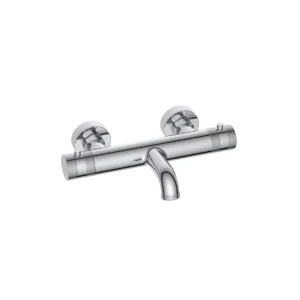 Scudo Core chrome dual-handle wall-mounted bath filler tap with thermostatic bath filler tap, two handles, chrome finish and brass and stainless steel construction.
