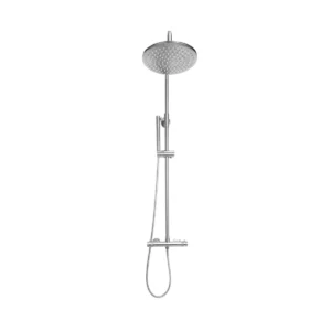 Scudo Core chrome round rigid riser complete shower kit with two knob handles, thermostatic rigid riser shower kit, chrome finish and brass and 304 alloy stainless steel construction.