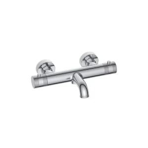 Scudo Core chrome wall-mounted bath shower mixer tap with chrome finish, brass and stainless steel construction, thermostatic temperature control and round shape.