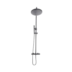 Scudo Core gunmetal round rigid riser complete shower kit with shower handset and height adjustable holder handset, two knob handles, gunmetal finish and brass / 304 alloy stainless steel construction.