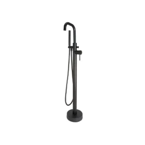 Scudo Core matt black freestanding bath shower mixer tap with single handles, swivel spout, matt black finish and brass construction.