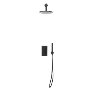Scudo Core matt black handset & valve round head shower kit with two lever handles, black finish, brass / 304 alloy stainless steel construction and wall mounted installation.