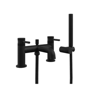 Scudo Core matt black round bath shower mixer tap with two lever handles, matt black finish, brass construction and pillar mounted installation.