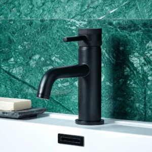 Front view of Scudo Core matt black round mono basin mixer tap with lever handle, matt black finish, brass construction and deck mounted installation.