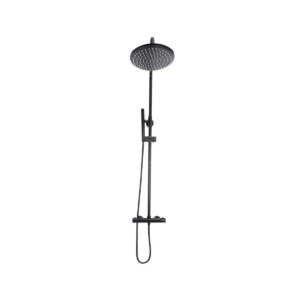 Scudo Core matt black round rigid riser complete shower kit with shower handset and height adjustable holder handset, two knob handles, matt black finish and brass / 304 alloy stainless steel construction.