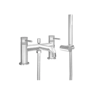 Scudo Core polished chrome round bath shower mixer tap with two lever handles, polished chrome finish, brass construction and pillar mounted installation.