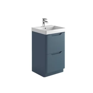 Scudo Ella 500mm blue handleless floorstanding vanity unit with two recessed handles, twilight blue finish, MFC and painted MDF construction and rectangular shape.