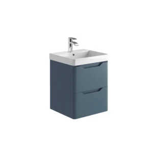 Scudo Ella 500mm blue handleless wall-hung vanity unit with two recessed handles, twilight blue finish, MFC and painted MDF construction and rectangular shape.