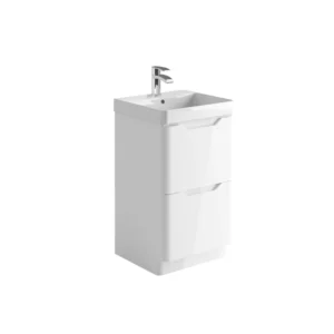 Scudo Ella 500mm gloss white handleless floor vanity unit with two handleless handles, gloss white finish, MFC and painted MDF construction and rectangular shape.