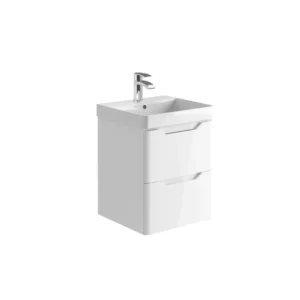 Scudo Ella 500mm gloss white handleless wall-hung vanity unit with two recessed handles, gloss white finish, MFC and painted MDF construction and rectangular shape.