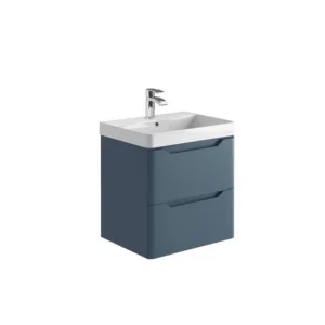 Scudo Ella 600mm blue handleless wall vanity unit with two recessed handles, matt twilight blue finish, MFC and painted MDF construction and wall mounted installation.