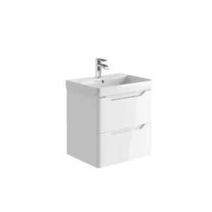 Scudo Ella 600mm gloss white handleless wall vanity unit with two handles, gloss white finish, MFC and painted MDF construction and wall mounted installation.