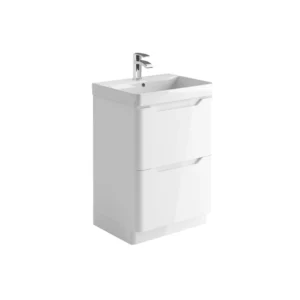 Scudo Ella 600mm white handleless freestanding vanity unit with two recessed handles, white finish, MFC & painted MDF construction and floor mounted installation.