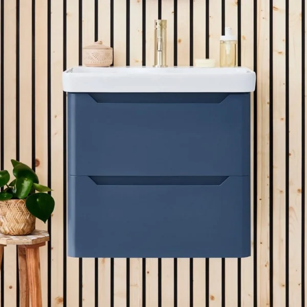 Scudo Ella 800mm blue wall-hung vanity unit with two recessed handles, twilight blue finish, MFC & painted MDF construction and wall mounted installation.