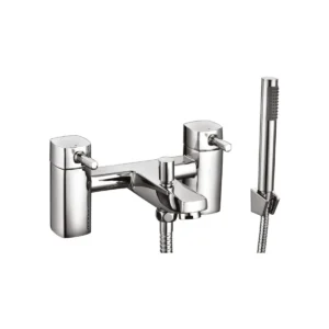 Scudo Forme polished chrome square bath shower mixer kit with bath shower mixer tap, two lever handles, polished chrome finish and brass construction.