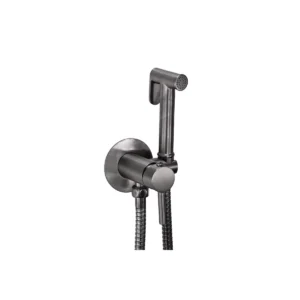 Detail view of Scudo gun metal shattaf spray kit with manual mixer with single handle, gunmetal finish, brass and stainless steel construction and wall mounted installation.
