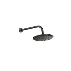 Scudo gunmetal round shower head & wall arm set with shower head and wall arm, shower head and wall arm set, gunmetal finish and stainless steel construction.