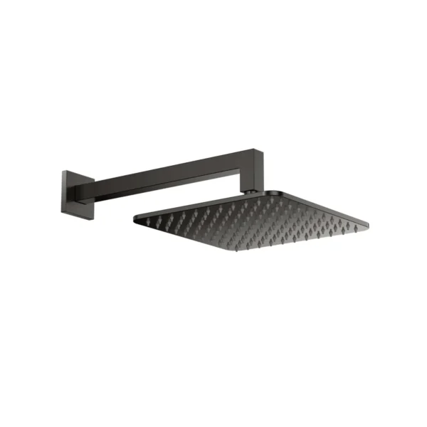 Scudo gunmetal square shower head & wall arm set with fixed shower head and wall arm set, gunmetal finish, stainless steel construction and wall mounted installation.