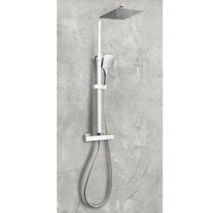 Scudo helier chrome square cool touch rigid riser shower kit with square handle, chrome finish, brass, plastic and stainless steel construction and wall mounted installation.