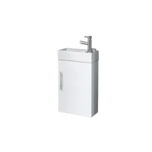 Scudo Lanza 400mm polar white wall-hung cloakroom vanity unit with polar gloss white finish, MDF construction, wall mounted installation and rectangular shape.