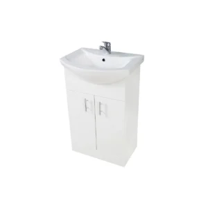 Scudo Lanza 550mm polar white floorstanding vanity unit with two handles, chrome handles, gloss finish and MDF construction.
