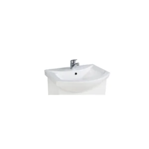 Scudo Lanza 650mm white curved vanity basin with gloss white finish, ceramic construction and vanity mounted installation.