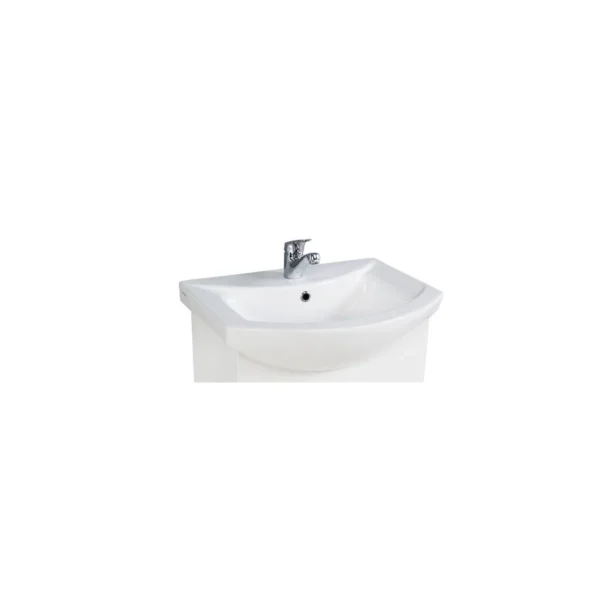 Scudo Lanza 650mm white curved vanity basin with gloss white finish, ceramic construction and vanity mounted installation.
