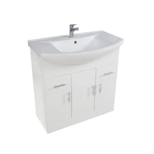 Scudo Lanza 950mm polar white floorstanding vanity unit with five (included) handles, gloss white finish, MDF construction and floor mounted installation.