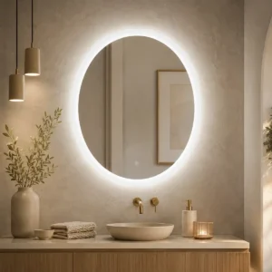 Scudo Lunar 800mm ambient LED circle demister IP44 mirror with mirror finish, glass and steel construction, circle / round shape and wall mounted installation.