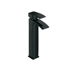 Scudo matt black tall square mono basin mixer tap with curved waterfall spout, single lever handles, matt black finish and brass construction.