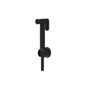 Scudo matt black wall-mounted douche spray kit with gun handle, spray handset, wall holder and hose, matt black finish and brass / stainless steel construction.