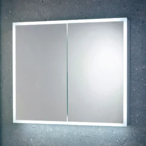 Scudo Mia 600 x 700mm slim two door LED mirror cabinet with steel / glass construction, soft close doors, wall mounted installation and rectangular shape.
