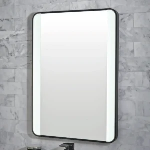Scudo mono black 500 x 700mm demister colour changing mirror with colour-changing LED bathroom mirror, black and mirrored finish, glass and steel construction and wall mounted installation.