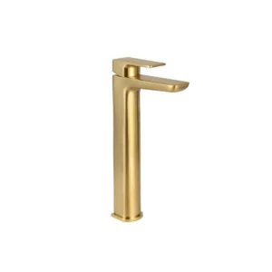 Scudo Muro brushed brass high-riser basin mixer tap with single lever handles, brushed brass finish, brass construction and deck mounted installation.