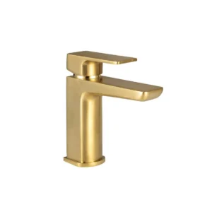 Scudo Muro brushed brass mono basin mixer tap & push waste with single lever handles, brushed brass finish, brass construction and deck mounted installation.
